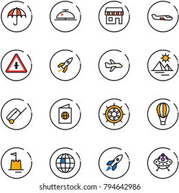 line vector icon set - insurance vector, client bell, duty free, small plane, intersection road sign, rocket, pyramid, suitcase, passport, hand wheel, air balloon, sand castle, globe, ufo toy