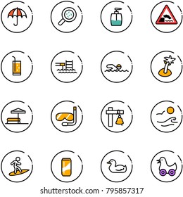 line vector icon set - insurance vector, bacteria, liquid soap, embankment road sign, drink, pool, swimming, palm, inflatable, diving, ship bell, waves, surfing, toy duck