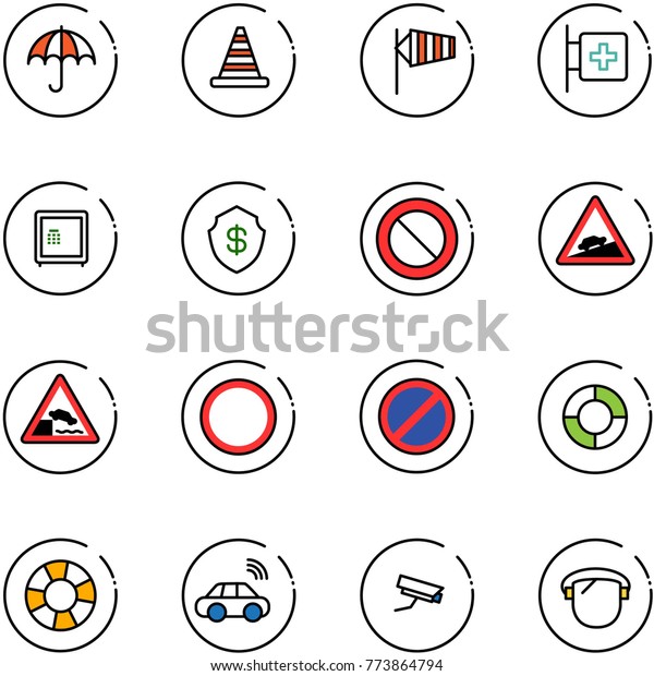 line vector icon set - insurance vector, road cone,
side wind, first aid room, safe, prohibition sign, climb,
embankment, no parking, lifebuoy, car wireless, surveillance
camera, protect glass