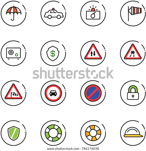 line vector\
icon set - insurance vector, safety car, terrorism, side wind,\
safe, oncoming traffic road sign, slippery, no, parking, locked,\
shield, lifebuoy, construction\
helmet
