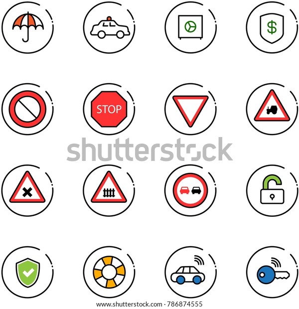 line vector icon set - insurance vector, safety car,\
safe, prohibition road sign, stop, giving way, tractor, railway\
intersection, no overtake, unlocked, shield check, lifebuoy,\
wireless, key