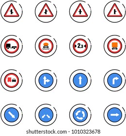 line vector icon set - intersection vector road sign, no trailer, dangerous cargo, limited width, truck overtake, only forward right, detour, circle