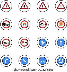 line vector icon set - intersection vector road sign, no trailer, dangerous cargo, limited width, cart horse, truck overtake, only forward right, detour, circle