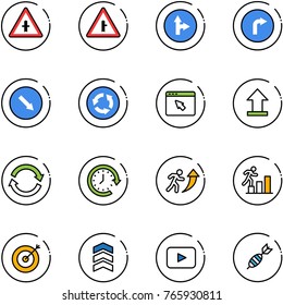 line vector icon set - intersection vector road sign, only forward right, detour, circle, cursor browser, uplooad, refresh, clock around, career, target, chevron, playback, dart