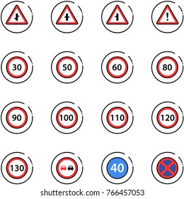 line vector icon set - intersection vector road sign, attention, speed limit 30, 50, 60, 80, 90, 100, 110, 120, 130, no overtake, minimal, stop