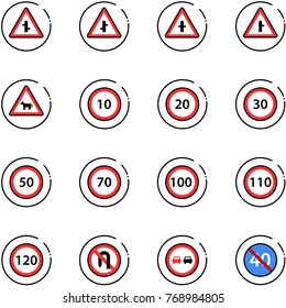 line vector icon set - intersection vector road sign, cow, speed limit 10, 20, 30, 50, 70, 100, 110, 120, no turn back, overtake, end minimal