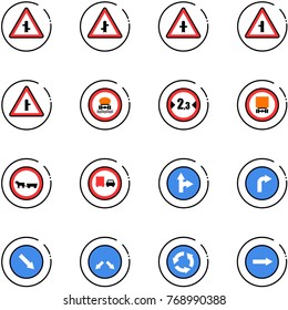 line vector icon set - intersection vector road sign, no dangerous cargo, limited width, cart horse, truck overtake, only forward right, detour, circle