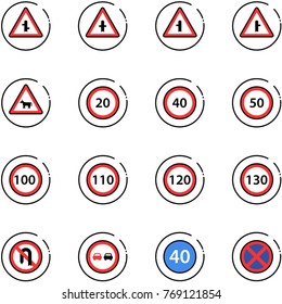 line vector icon set - intersection vector road sign, cow, speed limit 20, 40, 50, 100, 110, 120, 130, no turn back, overtake, minimal, stop