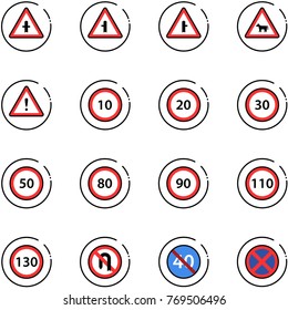 Line Vector Icon Set - Intersection Vector Road Sign, Cow, Attention, Speed Limit 10, 20, 30, 50, 80, 90, 110, 130, No Turn Back, End Minimal, Stop