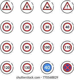 line vector icon set - intersection vector road sign, cow, attention, speed limit 10, 20, 30, 40, 70, 90, 100, 110, 120, 130, minimal, no stop