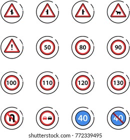 line vector icon set - intersection vector road sign, cow, attention, speed limit 50, 80, 90, 100, 110, 120, 130, no turn back, overtake, minimal, end