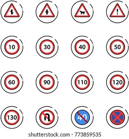 Line Vector Icon Set - Intersection Vector Road Sign, Cow, Attention, Speed Limit 10, 30, 40, 50, 60, 90, 110, 120, 130, No Turn Back, End Minimal, Stop