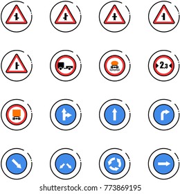 line vector icon set - intersection vector road sign, no trailer, dangerous cargo, limited width, only forward right, detour, circle