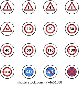 line vector icon set - intersection vector road sign, cow, speed limit 10, 20, 30, 40, 50, 110, 130, no overtake, minimal, end, stop