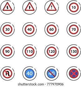 line vector icon set - intersection vector road sign, attention, speed limit 10, 30, 40, 60, 70, 90, 110, 120, 130, no turn back, minimal, end, stop