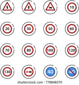 line vector icon set - intersection vector road sign, cow, speed limit 10, 20, 30, 50, 60, 70, 80, 100, 120, 130, no overtake, minimal, end