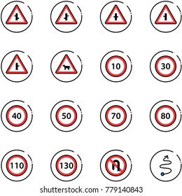 line vector icon set - intersection vector road sign, cow, speed limit 10, 30, 40, 50, 70, 80, 110, 130, no turn back, trip