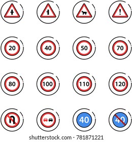 line vector icon set - intersection vector road sign, cow, attention, speed limit 20, 40, 50, 70, 80, 100, 110, 120, no turn back, overtake, minimal, end