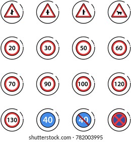 line vector icon set - intersection vector road sign, cow, speed limit 20, 30, 50, 60, 70, 90, 100, 120, 130, minimal, end, no stop
