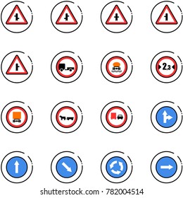 line vector icon set - intersection vector road sign, no trailer, dangerous cargo, limited width, cart horse, truck overtake, only forward right, detour, circle