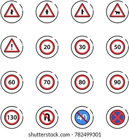 Line Vector Icon Set - Intersection Vector Road Sign, Cow, Attention, Speed Limit 20, 30, 50, 60, 70, 80, 90, 130, No Turn Back, End Minimal, Stop