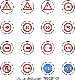 line vector icon set - intersection vector road sign, cow, attention, speed limit 20, 40, 50, 60, 70, 80, 100, 110, 120, no turn back, overtake, minimal, end