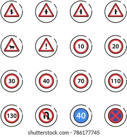 line vector icon set - intersection vector road sign, cow, attention, speed limit 10, 20, 30, 40, 70, 110, 130, no turn back, minimal, stop