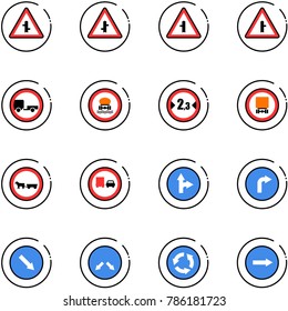 line vector icon set - intersection vector road sign, no trailer, dangerous cargo, limited width, cart horse, truck overtake, only forward right, detour, circle