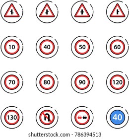 line vector icon set - intersection vector road sign, speed limit 10, 40, 50, 60, 70, 80, 90, 120, 130, no turn back, overtake, minimal