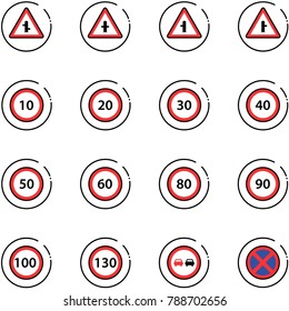 line vector icon set - intersection vector road sign, speed limit 10, 20, 30, 40, 50, 60, 80, 90, 100, 130, no overtake, stop