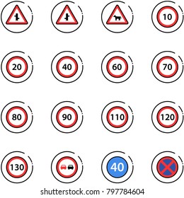 line vector icon set - intersection vector road sign, cow, speed limit 10, 20, 40, 60, 70, 80, 90, 110, 120, 130, no overtake, minimal, stop