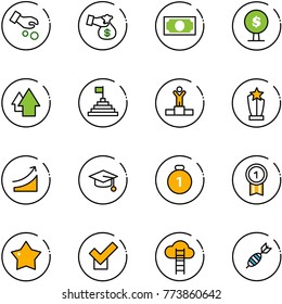 line vector icon set - investment vector, encashment, money, tree, arrow up, pyramid flag, winner, award, rise, graduate hat, gold medal, star, check, cloud ladder, dart