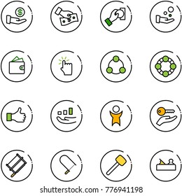 line vector icon set - investment vector, cash pay, wallet, hand touch, social, friends, like, growth, success, key, bucksaw, fretsaw, rubber hammer, jointer