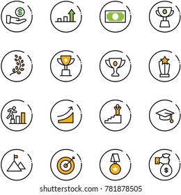 line vector icon set - investment vector, growth arrow, money, cup, golden branch, win, gold, award, career, rise, success, graduate hat, mountain, target, star medal, rich
