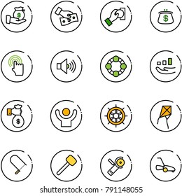 line vector icon set - investment vector, cash pay, purse, hand cursor, volume max, friends, growth, rich, success, wheel, kite, fretsaw, rubber hammer, Angular grinder, lawn mower