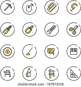 line vector icon set - job vector, mouse wireless, trowel, clamp, pliers, side cutters, bolt cutter, scissors, saw disk, hoe, jig, tool box, cocncrete mixer, winch, corner ruler