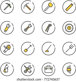 line vector icon set - job vector, rock axe, rubber hammer, ruler, wrench, plumber, saw disk, Angular grinder, shovel, hoe, farm fork, winch, screwdriver, tool box, allen key set