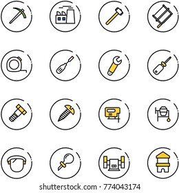 line vector icon set - job vector, plant, sledgehammer, bucksaw, measuring tape, chisel, wrench, screwdriver, bolt, screw, jig saw, cocncrete mixer, protect glass, oiler, sharpening, toy block house