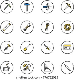 line vector icon set - job vector, hammer, steel rolling, axe, level, wrench, plumber, nut, nail dowel, shovel, soldering iron, generator, welding, corner ruler, forceps