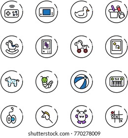 line vector icon set - joystick wireless vector, game console, duck toy, shovel bucket, rocking horse, wheel, caterpillar, beach ball, piano, yoyo, unicorn stick, monster, Tic tac toe