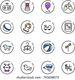 line vector icon set - joystick wireless vector, pyramid toy, balloon smile, ball, teethers, baby car, game console, horse, carousel, beach, windmill, monster, duck, water gun, Tic tac toe