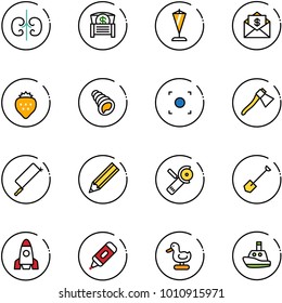 line vector icon set - kidneys vector, money chest, pennant, mail dollar, strawberry, shell, record button, axe, metal hacksaw, pencil, Angular grinder, shovel, rocket, marker, toy duck, boat