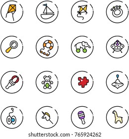 line vector icon set - kite vector, sailboat toy, beanbag, teethers, elephant wheel, ufo, bear, puzzle, wirligig, yoyo, unicorn stick, giraffe