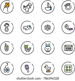 line vector icon set - kite vector, dinosaur toy, sailboat, beanbag, plane, cube, constructor blocks, phone, caterpillar, rabbit, piano, yoyo, duck, hole