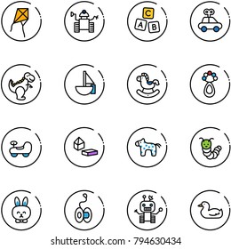 line vector icon set - kite vector, robot, abc cube, car toy, dinosaur, sailboat, rocking horse, beanbag, baby, constructor blocks, caterpillar, rabbit, yoyo, duck
