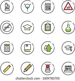 line vector icon set - lab vector, bladder, calculator, children road sign, end overtake limit, graduate hat, clipboard, round flask, book, arrow up, ruler, pencil, pyramid toy, abacus