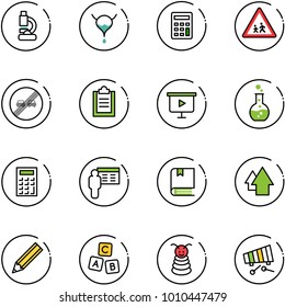 line vector icon set - lab vector, bladder, calculator, children road sign, end overtake limit, clipboard, presentation board, round flask, book, arrow up, pencil, abc cube, pyramid toy, xylophone