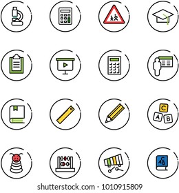 line vector icon set - lab vector, calculator, children road sign, graduate hat, clipboard, presentation board, book, ruler, pencil, abc cube, pyramid toy, abacus, xylophone