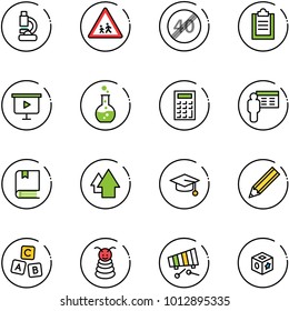 line vector icon set - lab vector, children road sign, end speed limit, clipboard, presentation board, round flask, calculator, book, arrow up, graduate hat, pencil, abc cube, pyramid toy, xylophone