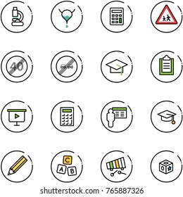 line vector icon set - lab vector, bladder, calculator, children road sign, end speed limit, overtake, graduate hat, clipboard, presentation board, pencil, abc cube, xylophone, toy